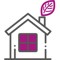 Haus Icon mit Blatt, das Ökologie der Wärmepumpe symbolisiert